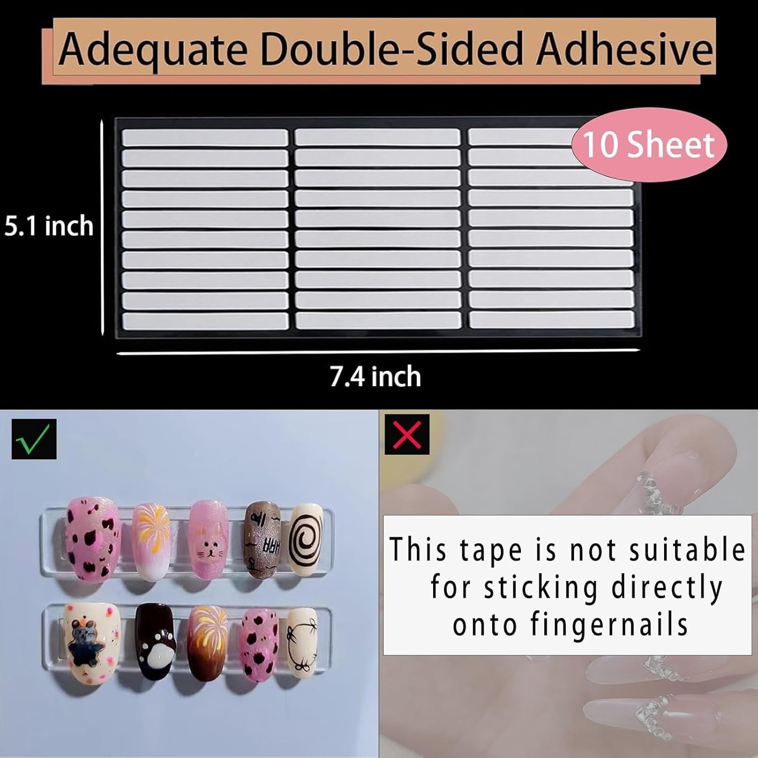 10 Sheets Double Sided Nail Tape with Tweezer for Press On Nails Display Storage