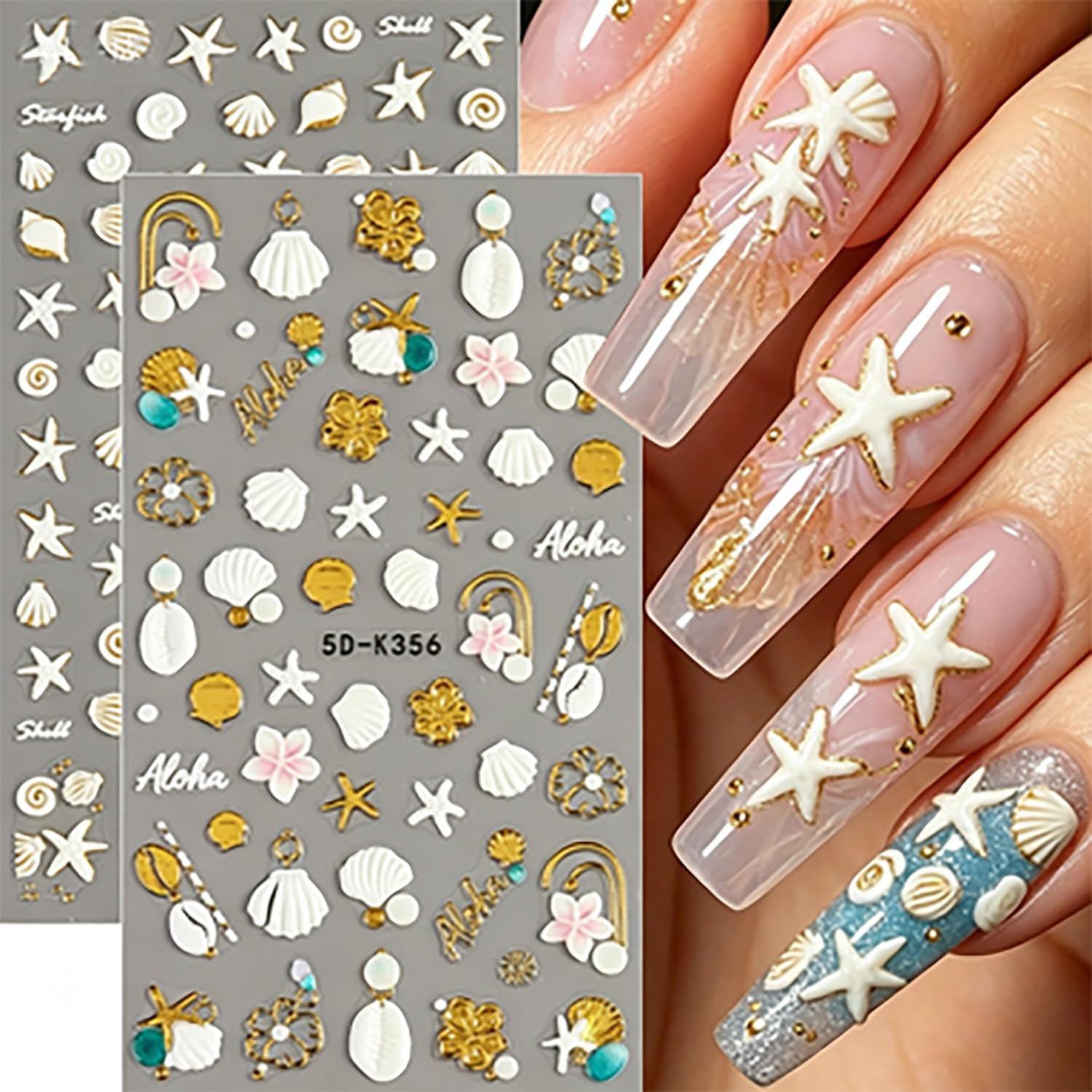 5D Embossed Gold Line Flower Nail Stickers – 2 Sheets Self-Adhesive Pink Floral