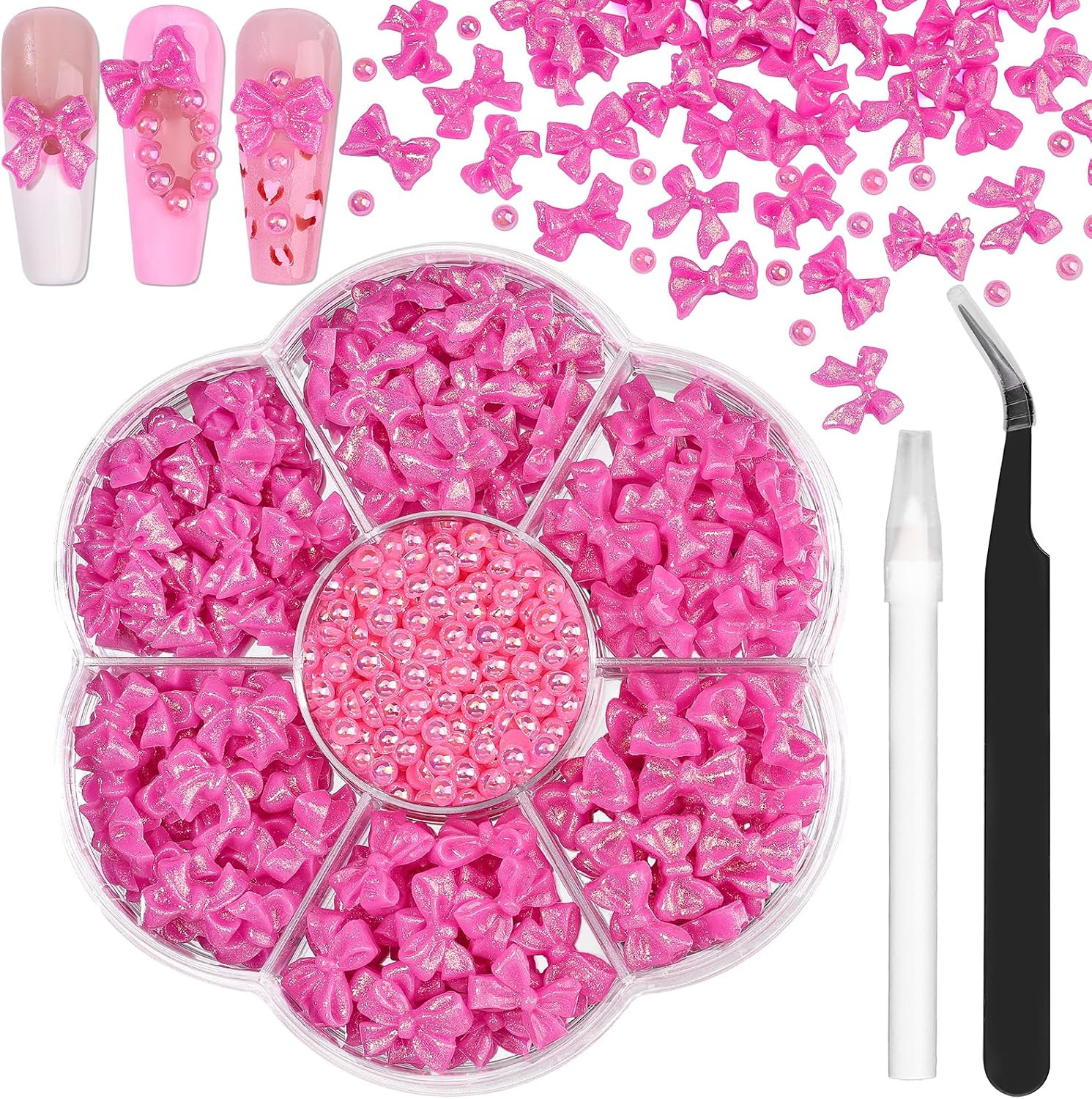 Charms Kit for Nails, 400Pcs Bow and Flatback Pearls Set, 3D Acrylic Rhinestones
