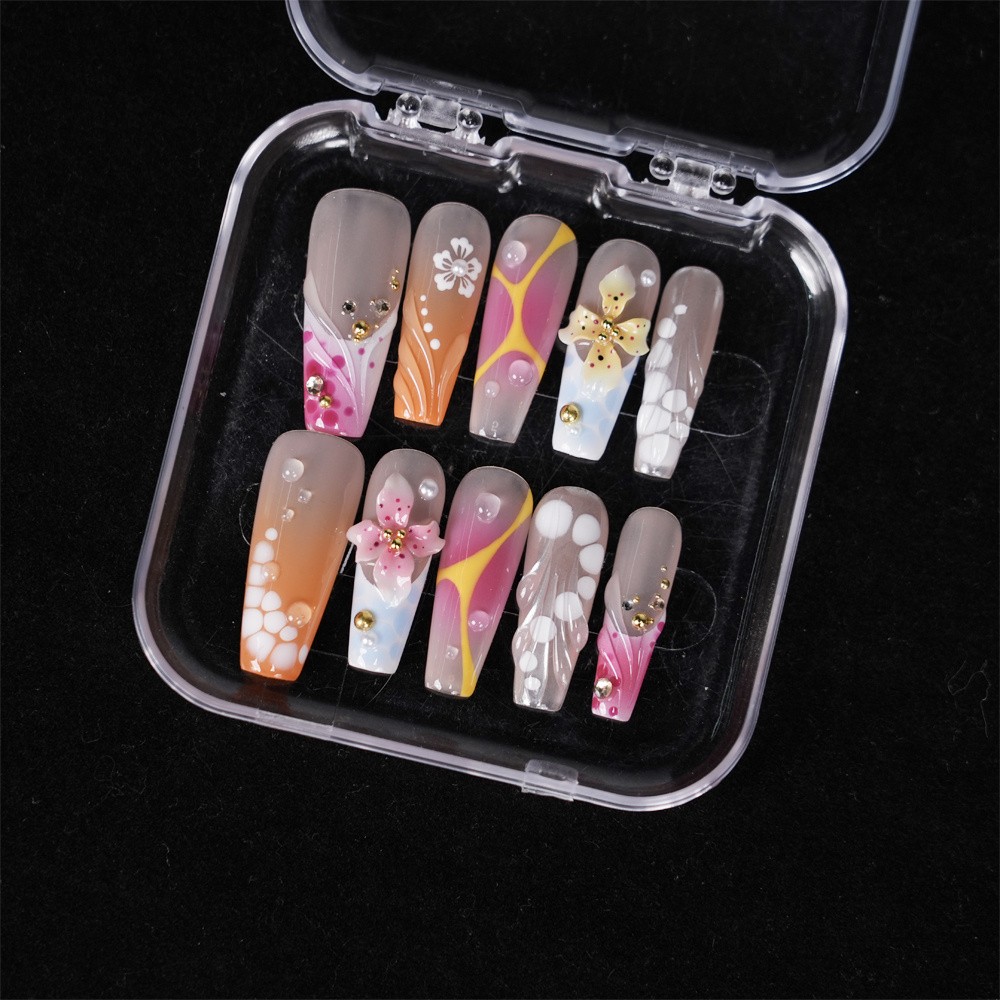 Handmade Orange Pink Gradient Floral Press on Nails Hand Painted Fake Nails
