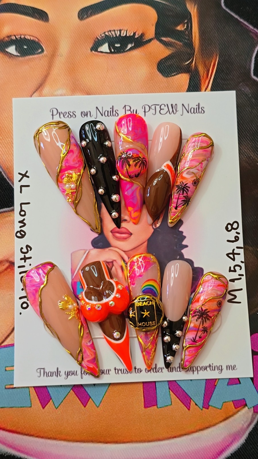 Handmade Gel Press On Nails,3D Summer Set Medium Size 1,5,4,6,8 XL Long Stiletto