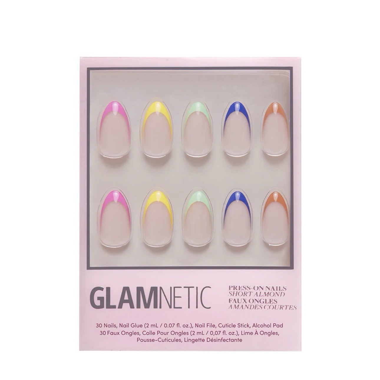 GLAMNETICS Press On Nails SPRINKLES Short Almond BRAND NEW NIB Bright FRENCH TIP