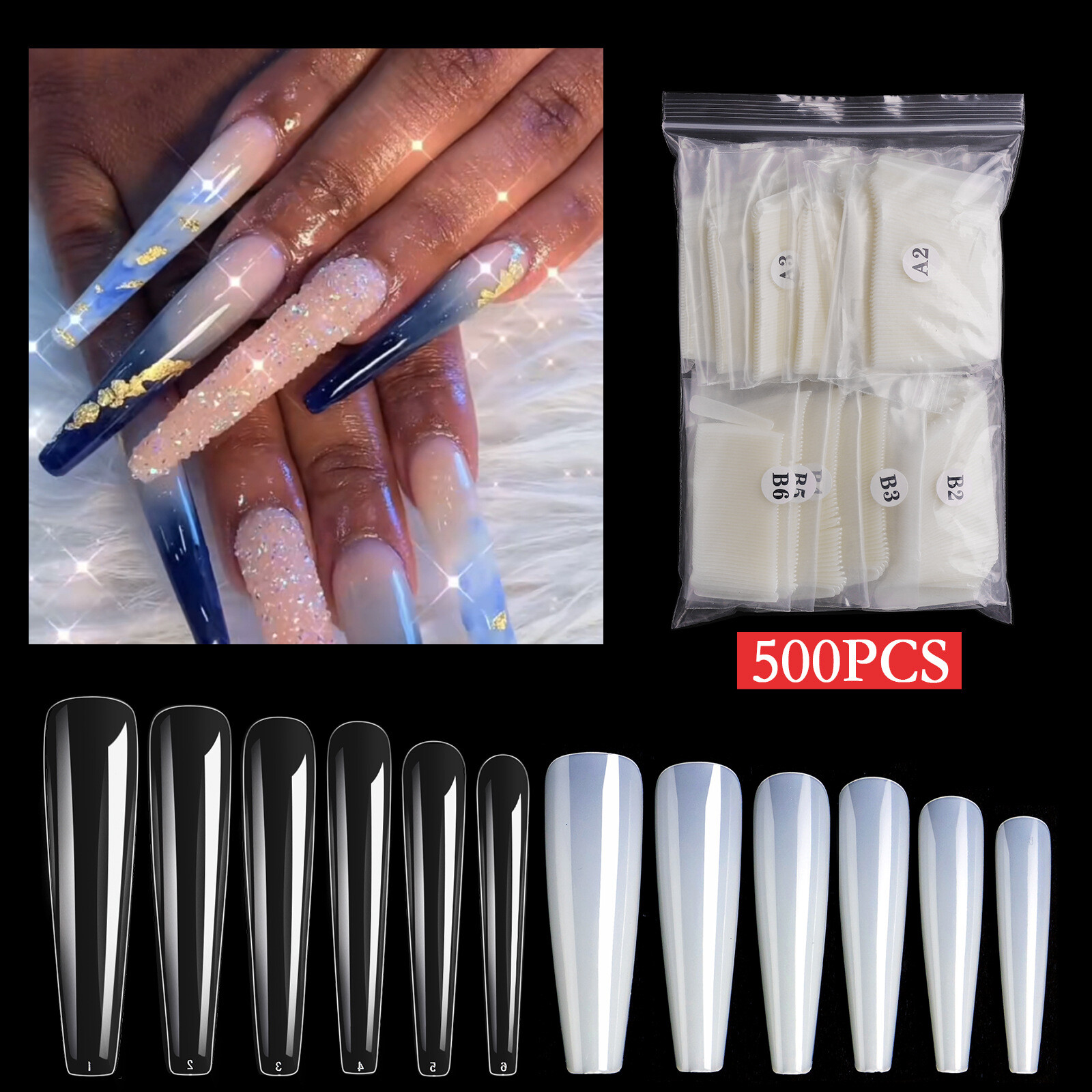 504pcs 4XL Clear Nail Art Tips Ballerina Shape XXXXL Long Full Cover Nails DIY