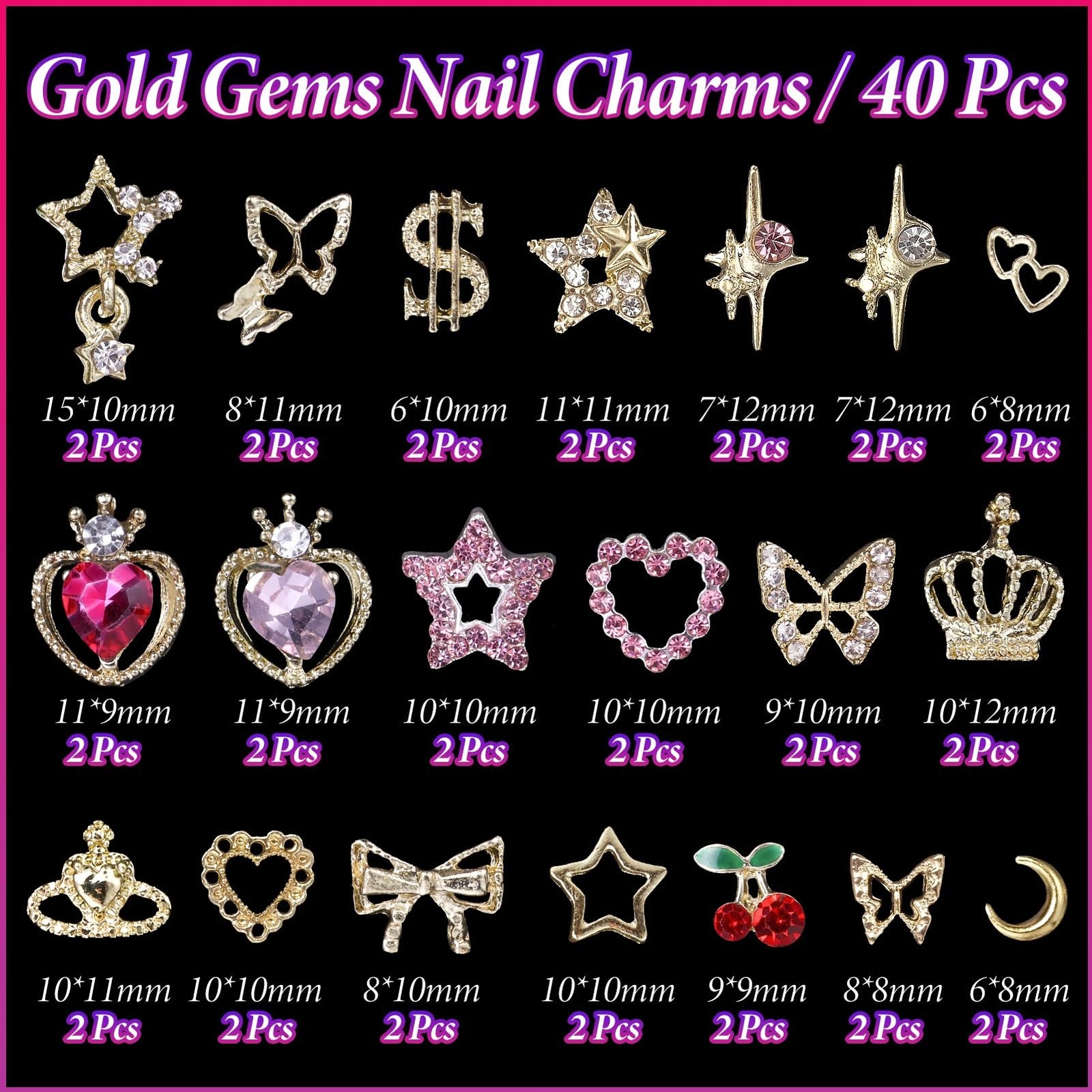 540 Pcs Gold Nail Charms, 40 Pcs Heart Star Cherry Nail Rhinestones and Charm…