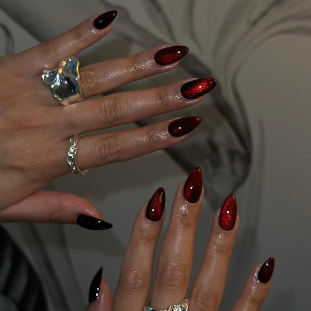 KQueenest Dark Red Press on Nails Cat Eye, Burgundy Glitter Press on Nails Al…