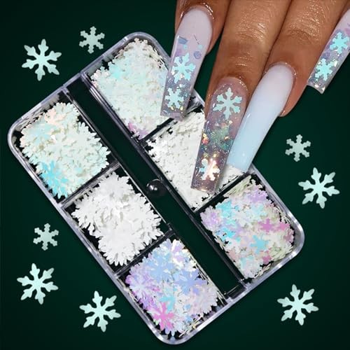 6 Grids White Snowflake Nail Art Sequins Christmas Snowflake Nail Style G