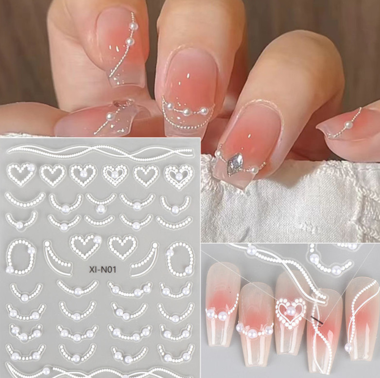 Carved Pearl French Heart Nail Art Stickers 3D Self-Adhesive XI-N1 NH21
