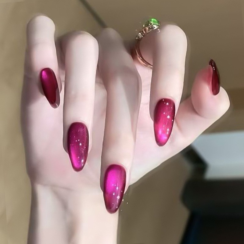 48Pcs-Long Almond Fuchsia Red Cat Eye Sparkly Glossy Press on Nails Set
