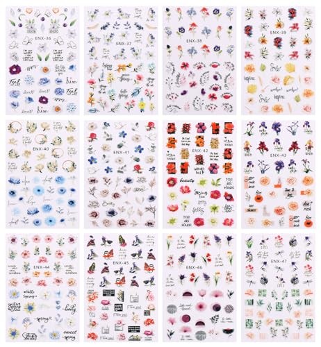 12 Sheets Flower Nail Art Stickers Decals Self-Adhesive Pegatinas Uñas Spring
