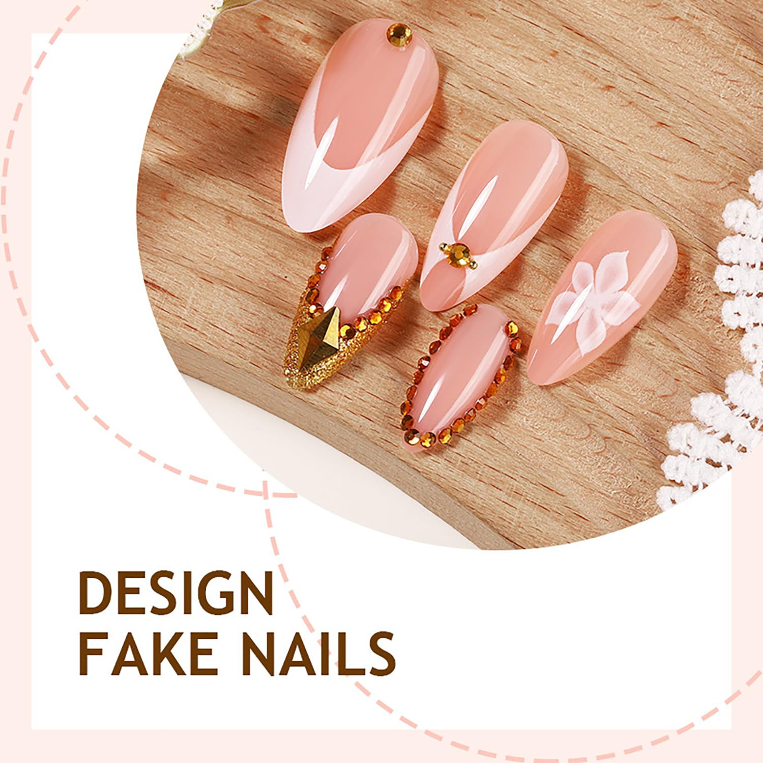 24Pcs French Tip Press on Nails Medium Almond Fake Nails with 3D Flower Gold Rhi
