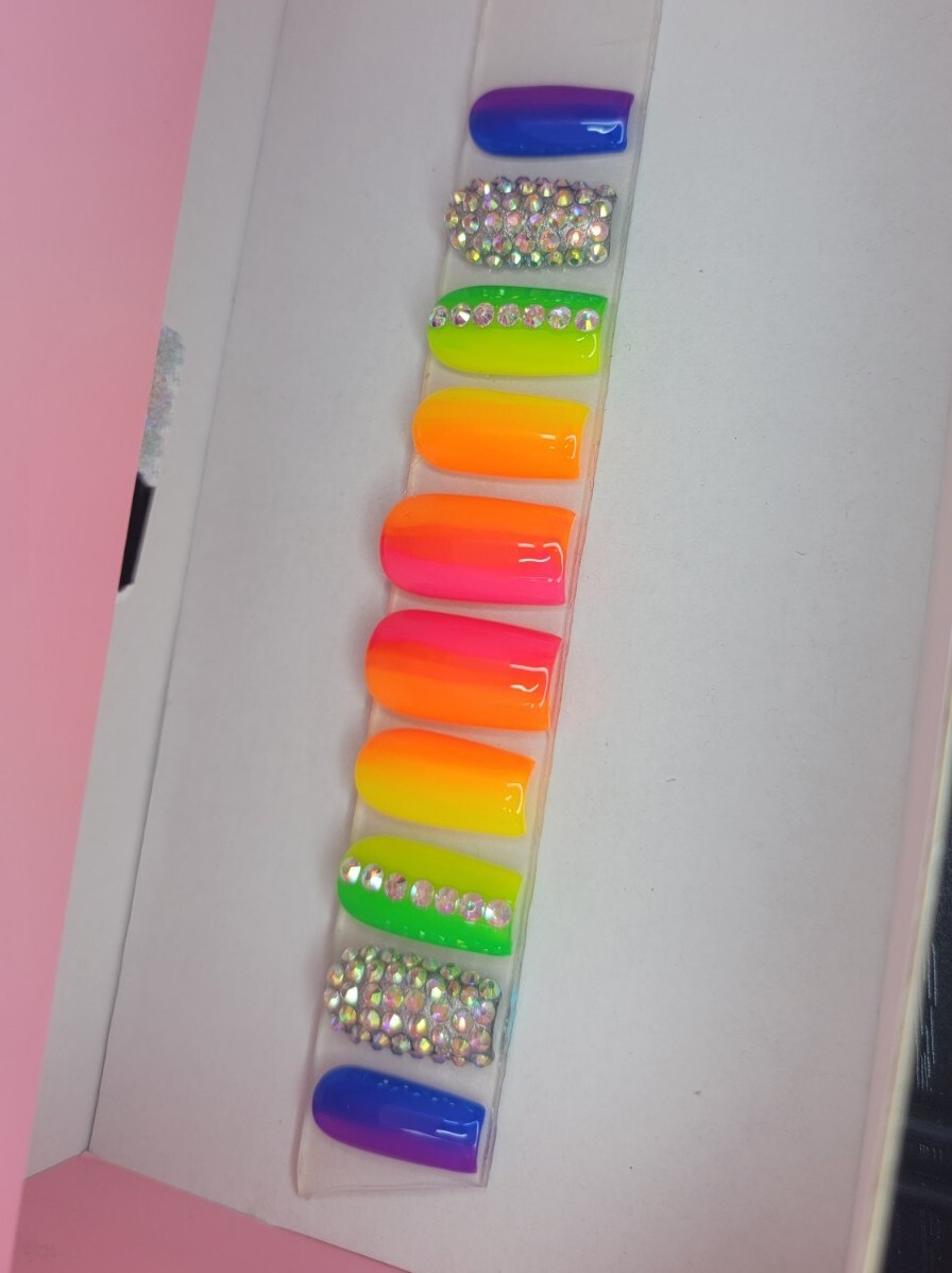 Neon Rainbow ombre nails Press On nails long square pride nails