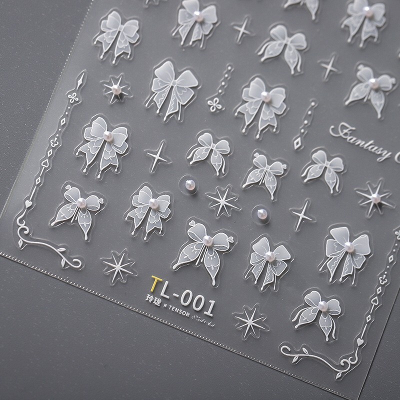 5D White Bowknot Nail Decal, Pearls Nail Decals, Star Nails Art Stickers (330)