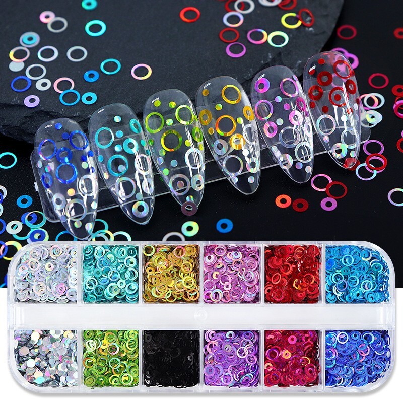 12Grids Colorful Glitter Hollow Circle Design Nail Art Sequins 3D Nails Stickers