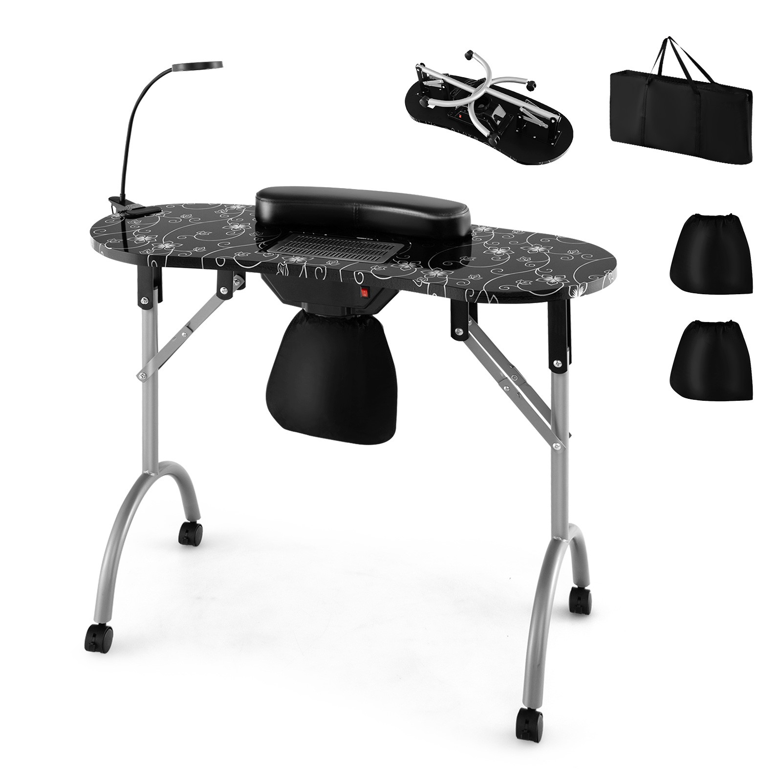 Folding Manicure Nail Table on Wheels w/Soft Wrist Pad & Electric Dust Collector