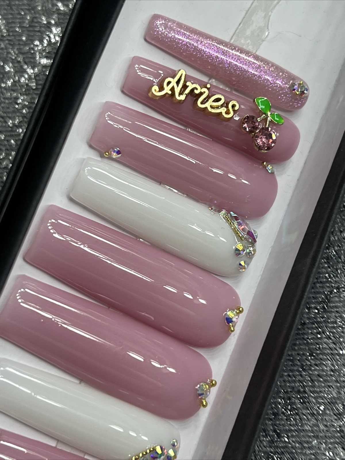 🍒 CUSTOM Gel Press On Nails, LILAC BLING ARIES , 10p FULL SET W Kit LONG SQUARE
