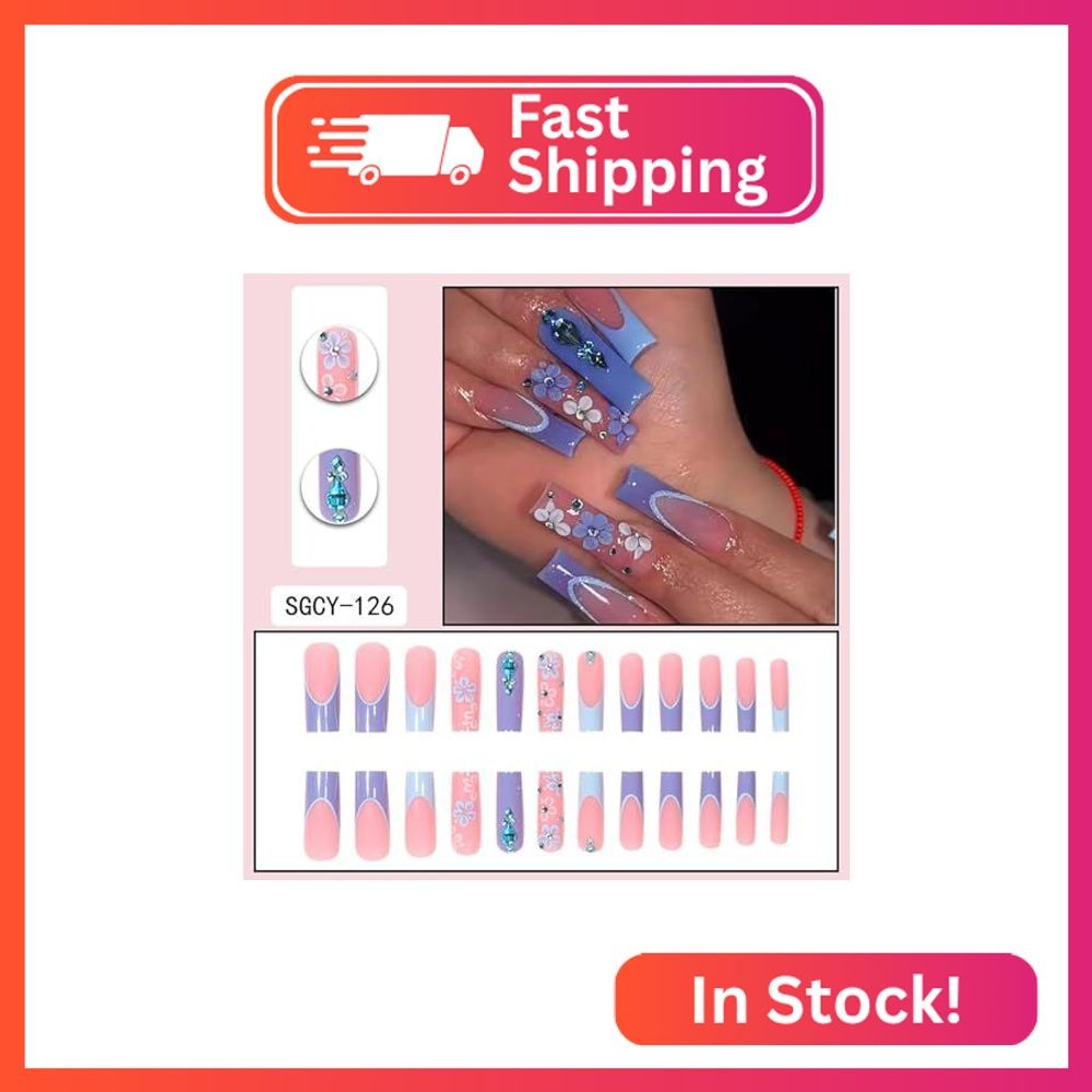 Press on Coffin Nails Long Length Glossy Full Cover Acrylic Extra Long Square Fa