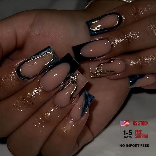 Blue French Tip Press on Nails – Long Square Fake Nails – Gold Gradient Style A5