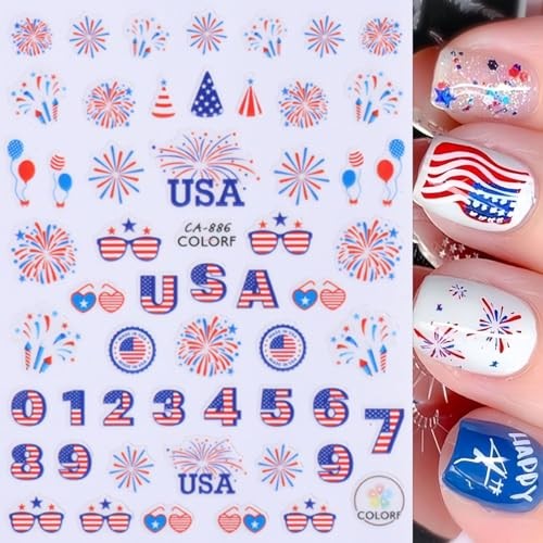 10 Sheets 4th of July Nail Art Stickers Patriotic Nail Decals 3D Self Modern