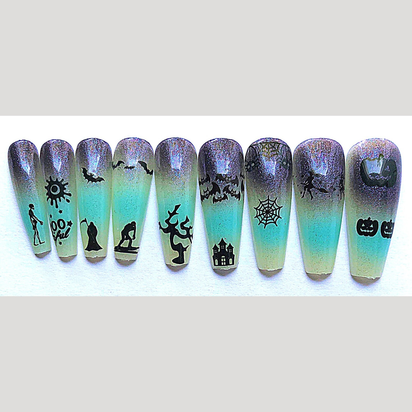 Blue Ombre Halloween nails- Press on nail set- Size 0-8, Ex-long Ballerina