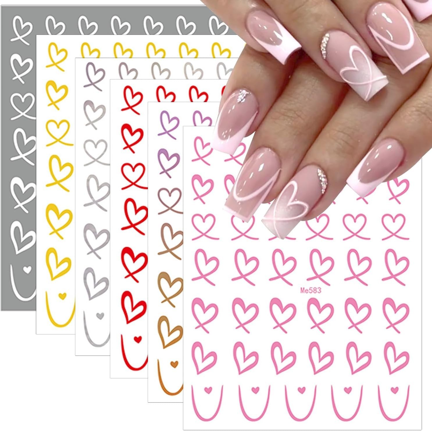 6 Sheets Valentines Nail Stickers for Nail Art Laser Colorful Heart Nail Decals