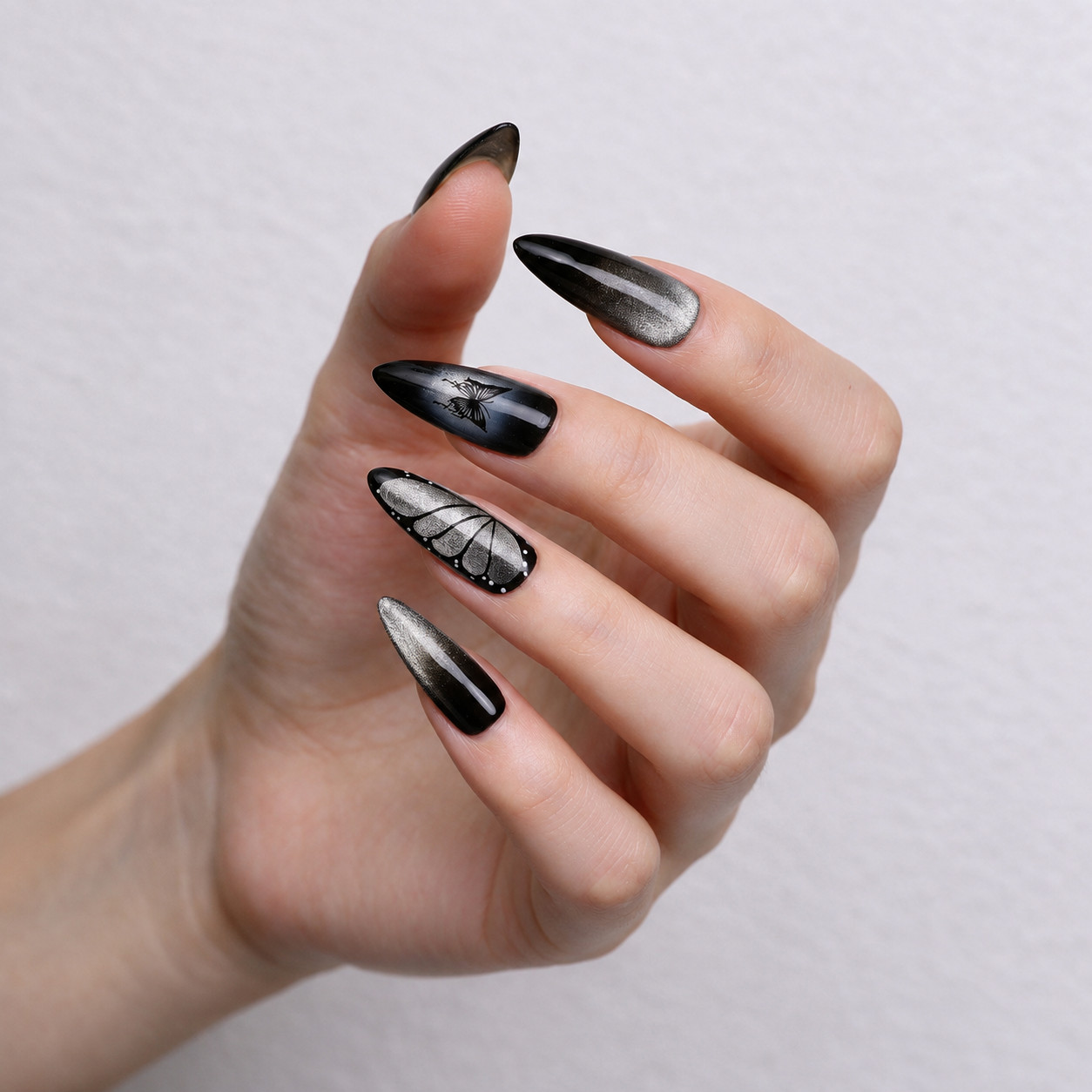 Press On Nails Long Stiletto Black Silver Butterfly Wing Glitter Gothic Nail Set