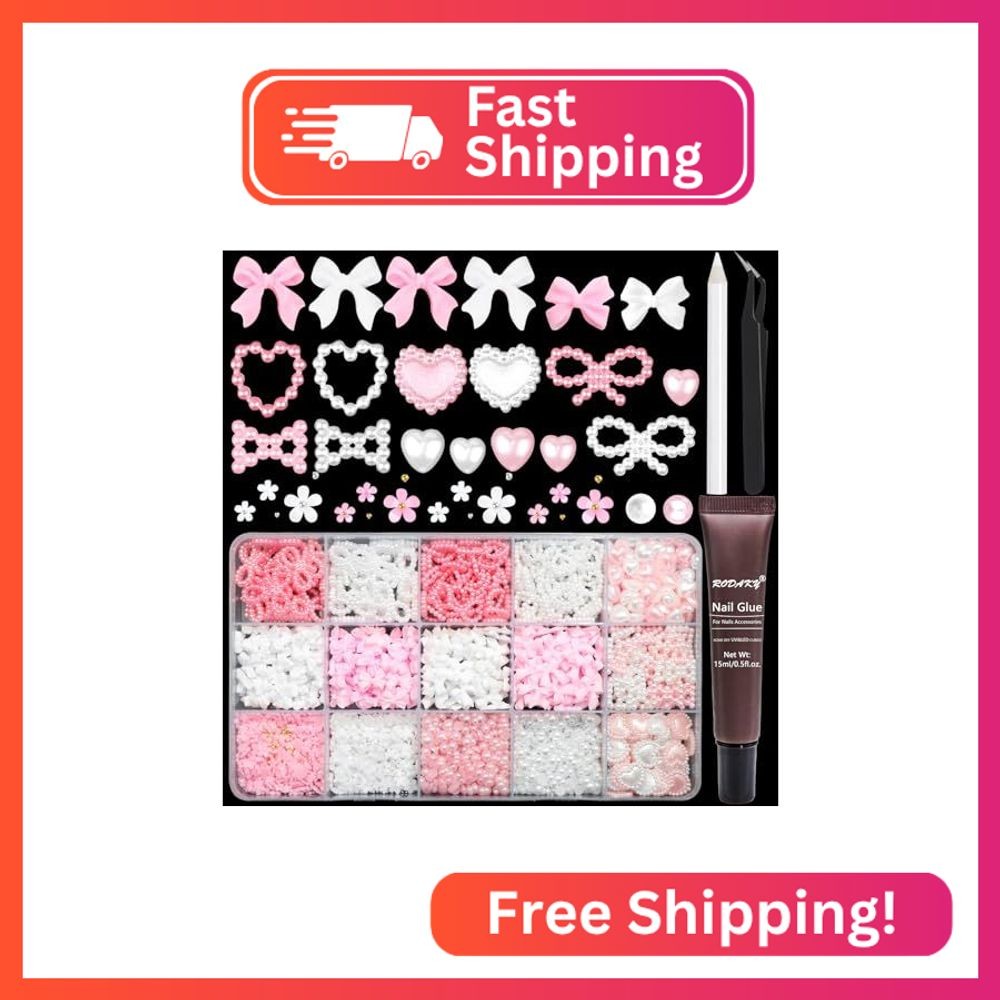 RODAKY Bow Nail Charms Pink White 3D Bowknot Heart Flower Art Charm Flatback Pea