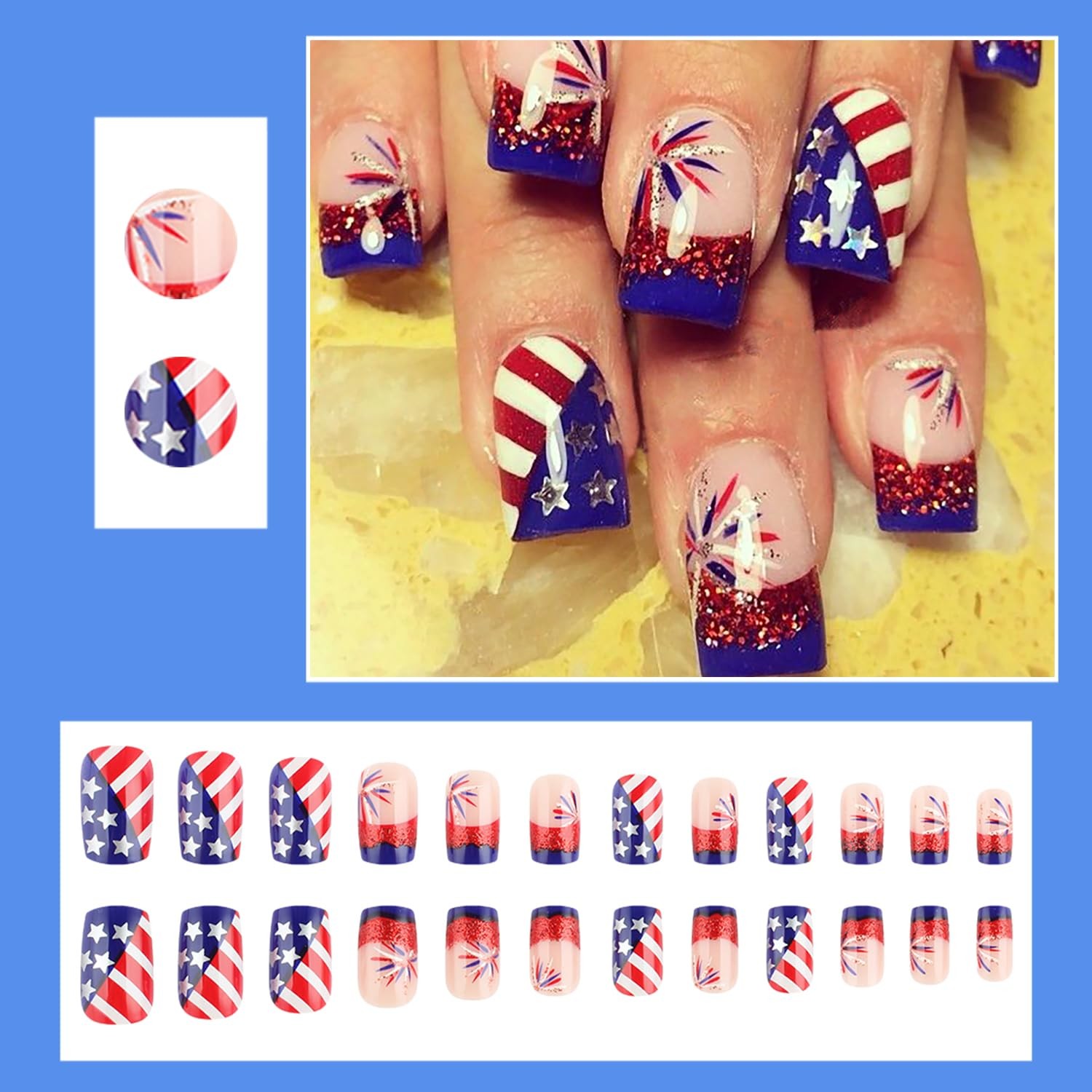 24Pcs 4th of July Press on Nails Short Square Fake July-14, Multicolor