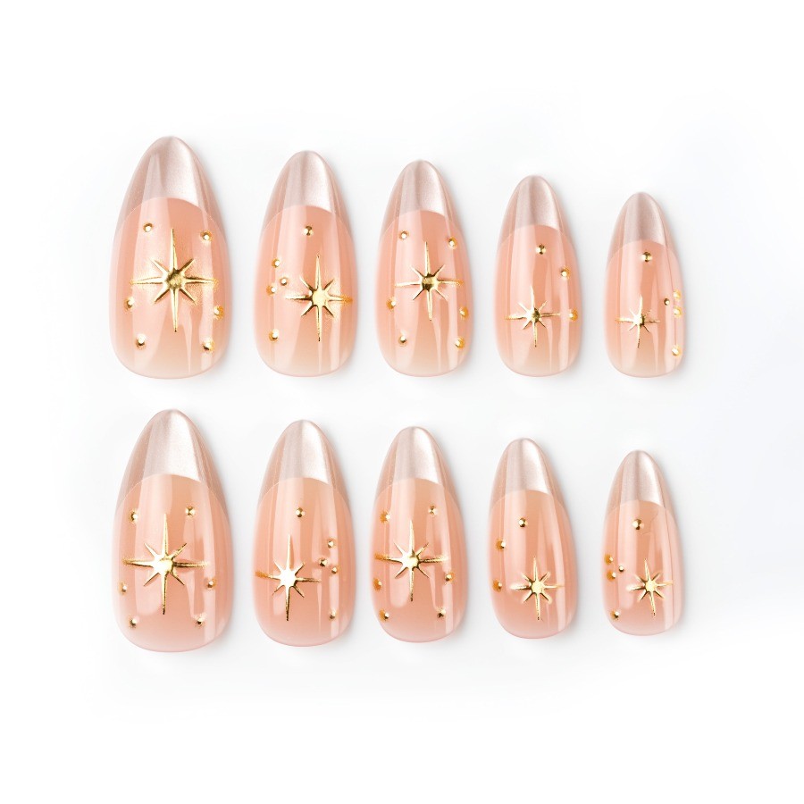 Press on Nail – Bare Pink Silver Edge, Medium Sharp Fake Nail, 48 Piece Set