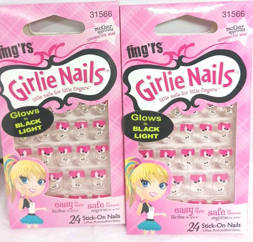 2 Fing’rs girlie nails 2-24 ct stick on nails little fingers black pink hollow