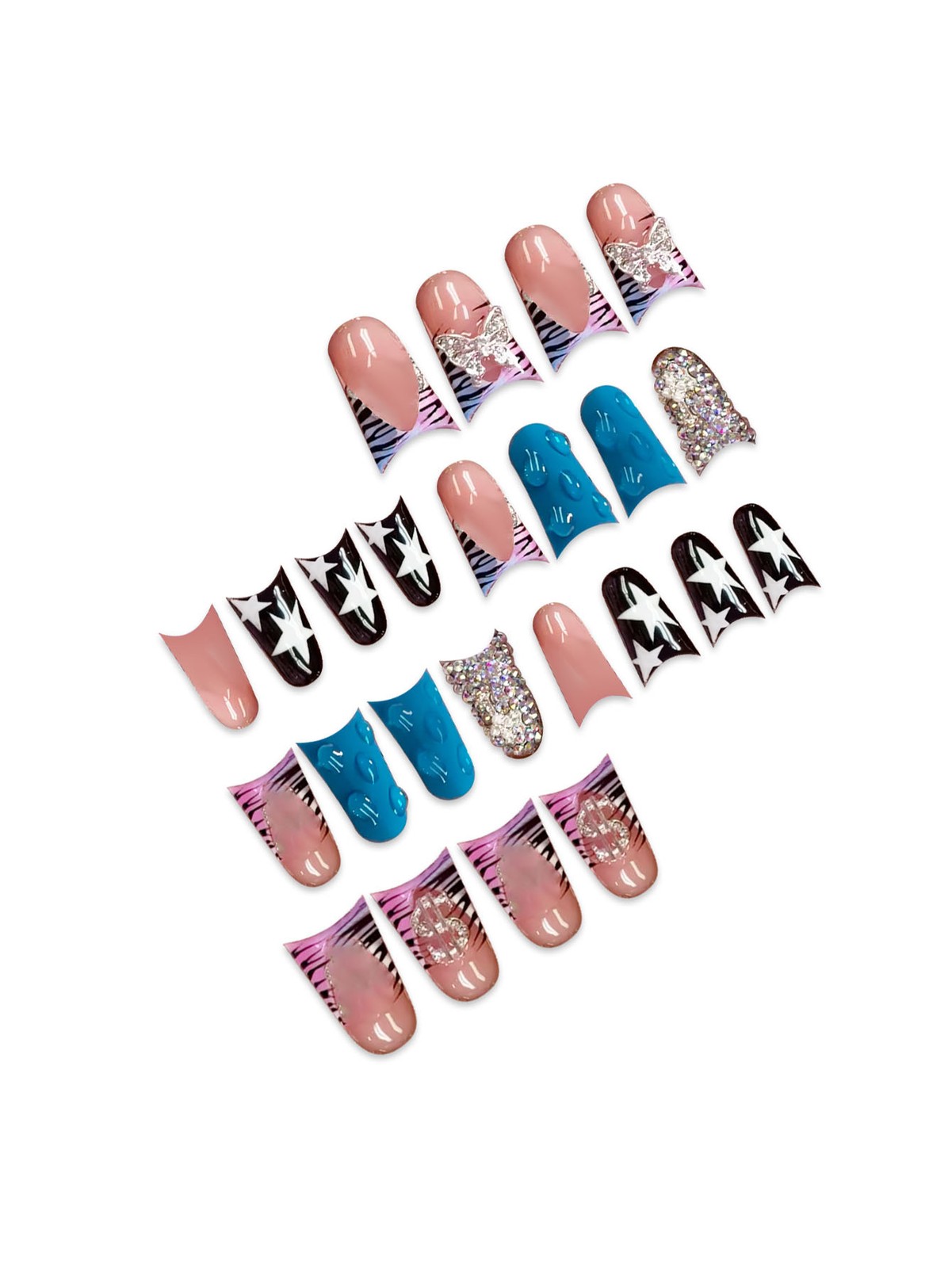 24Pcs Duck Shape French Butterfly Press On Nails With Rhinestones