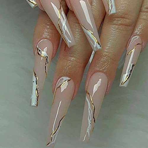 Gold Fake Long Nails Coffin Press on Nails Swirl Acrylic Nails Tips Style3