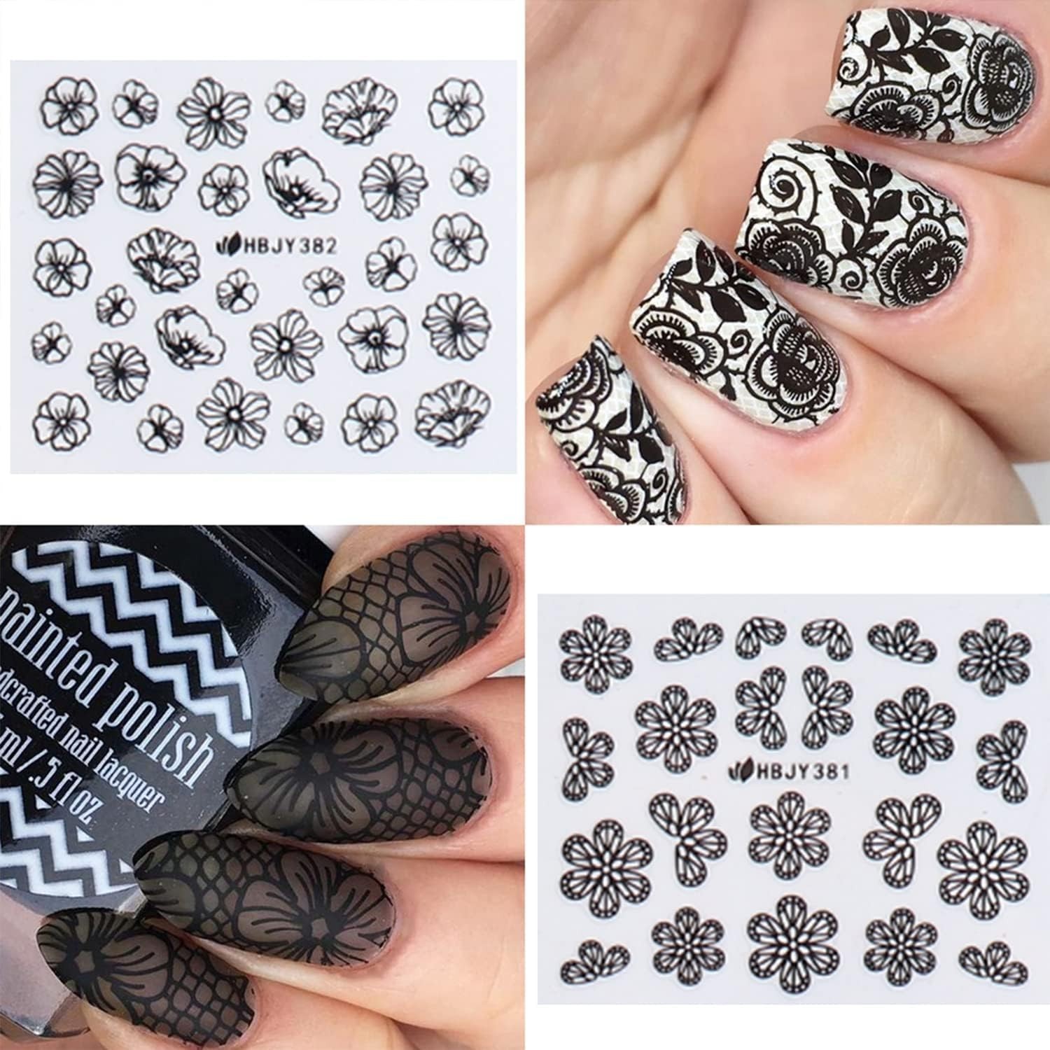Black Flowers Nail Stickers, Floral Nail Art Decal 3D Self-Adhesive Lace Retr…