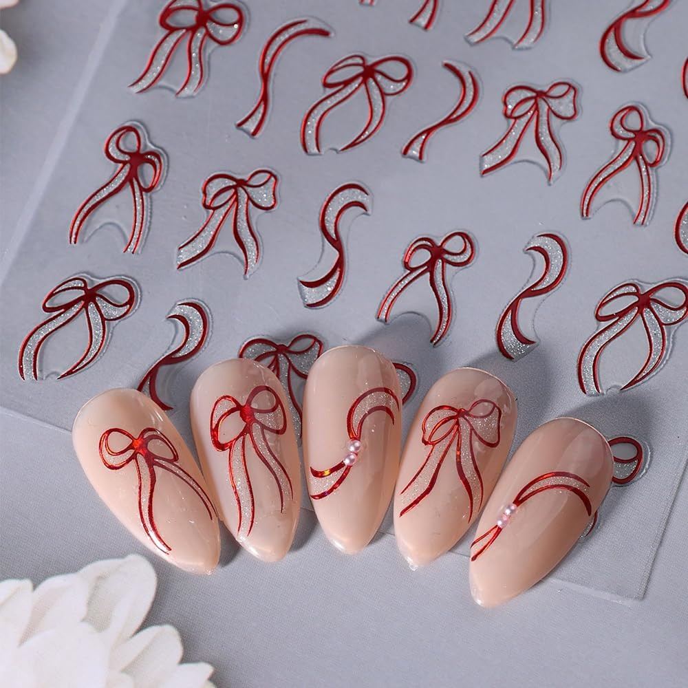 6 Sheets Bow Nail Art Stickers Bows Stickers for Nails 3D Self Adhesive Gold Red