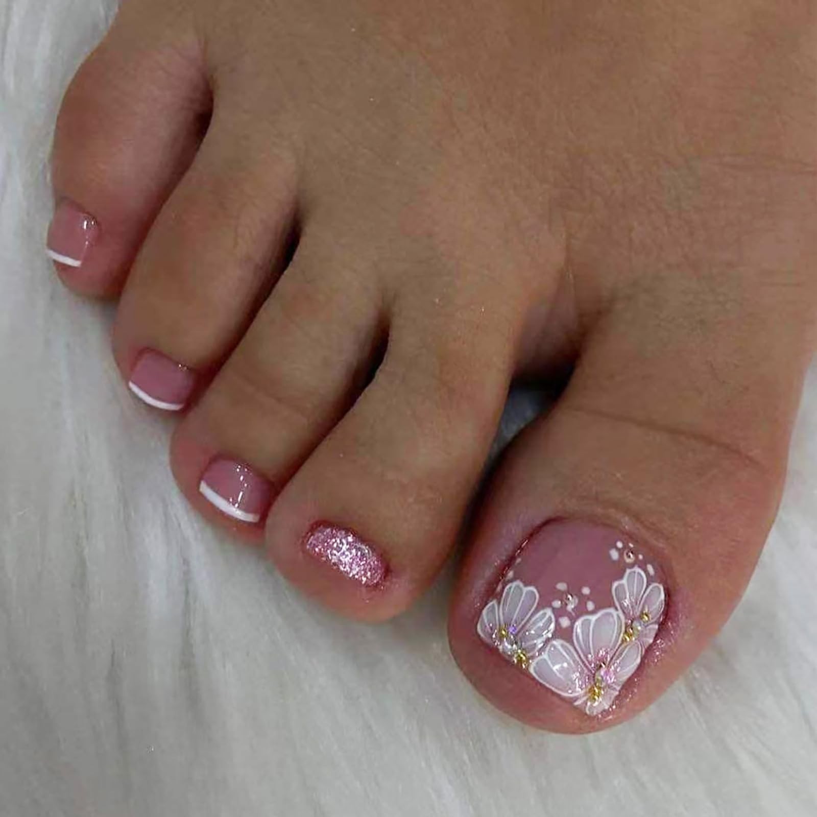 French Tip & Flower Toenails, 24Pcs Reusable, Glossy Acrylic, Square Shape, P…