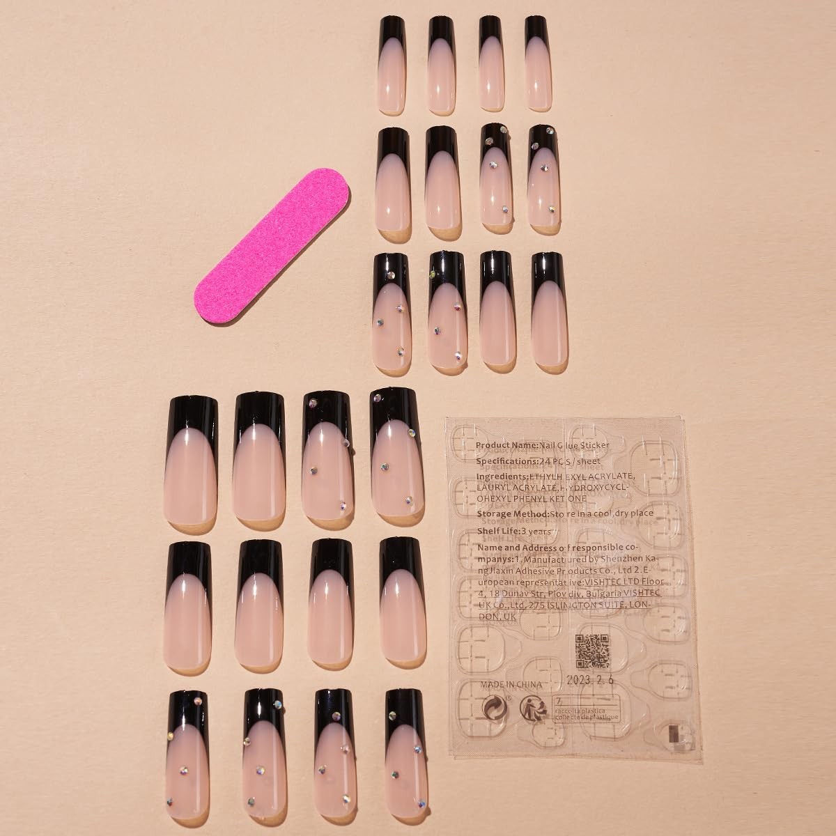 Press on Nails Long Coffin Black French Fake Nails, Rhinestones Acrylic Nails…
