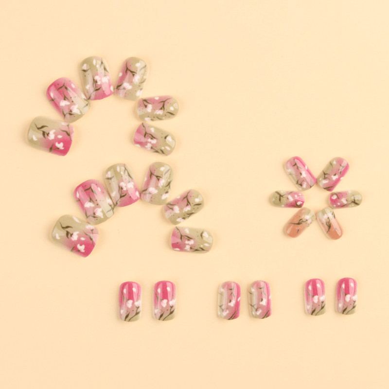 48Pcs-Short Square Gradient Pink Orange Floral Glitter Fake Press on Nails Set
