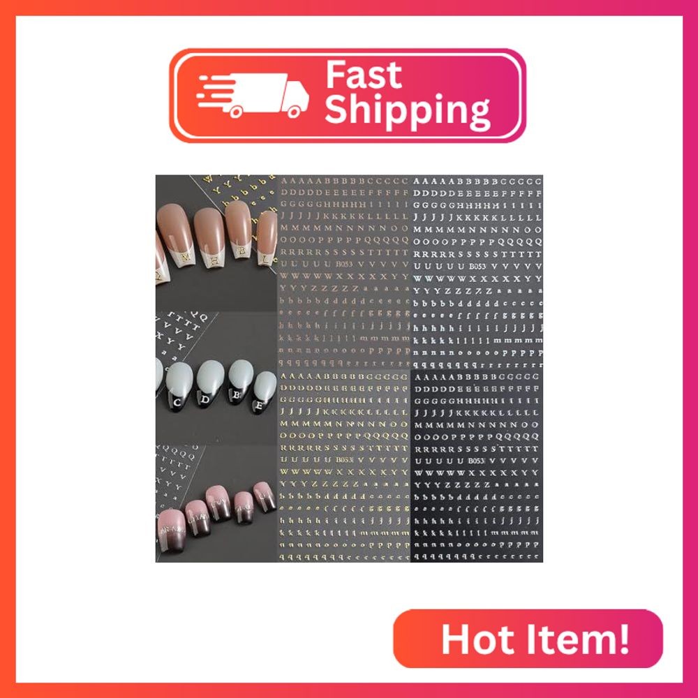 8 Sheets Letter Nail Design Stickers – 3D Self-Adhesive Nail Art Stickers in Bla