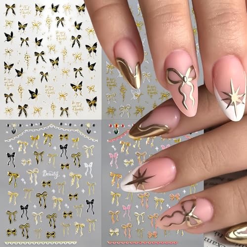 8pcs Black Gold Bow Nail Art Stickers – Colorful Bowknot Ribbon Nail bowknot