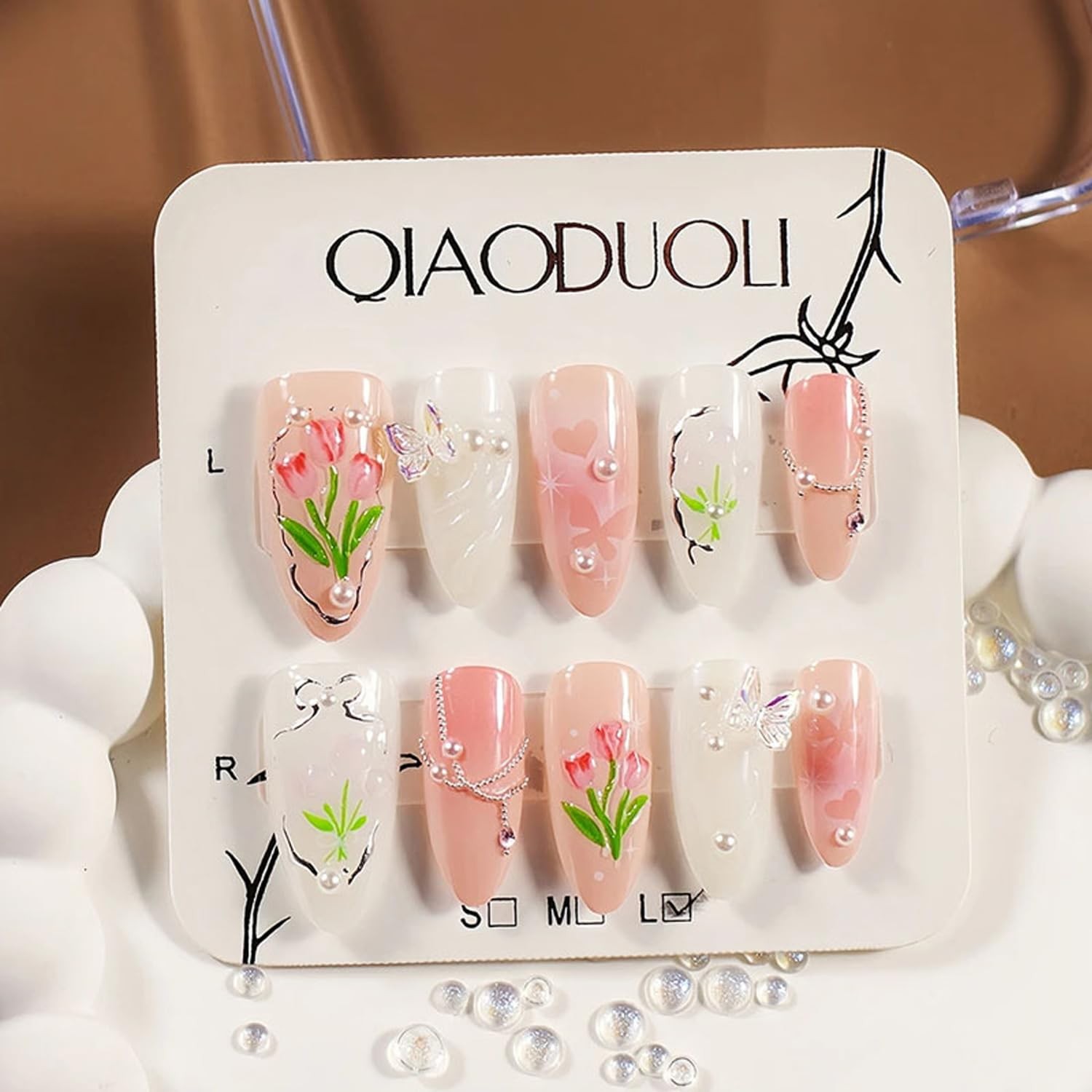 Handmade Nails Almond Press on Nails Medium Length Flower Tulip Fake Nails wi…