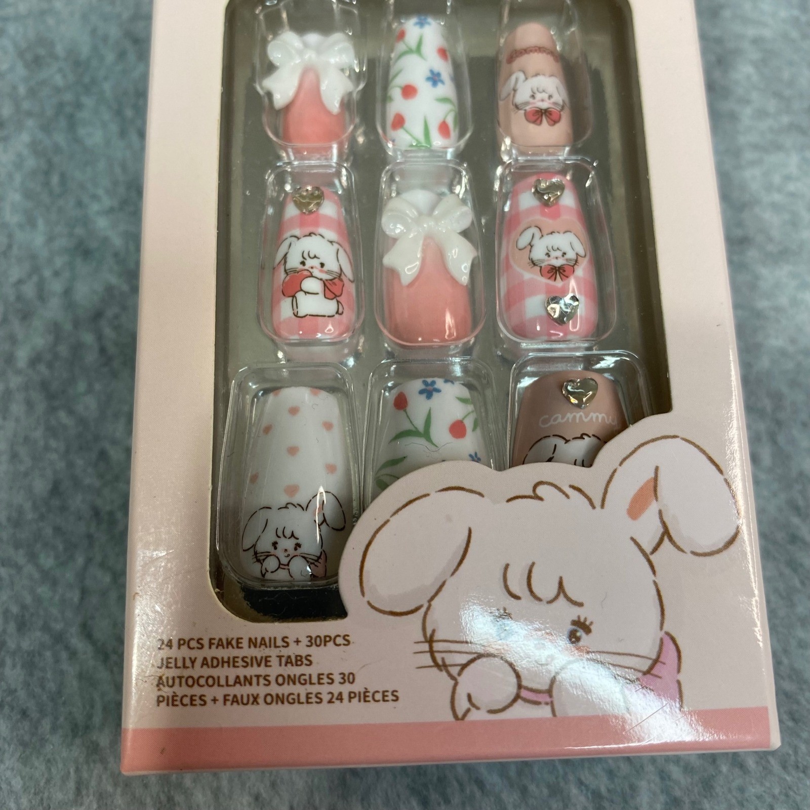 Miniso Mikko Illustration False Nails Kids Pink Cammy Bunny 3D Bows NEW NIB 24pc