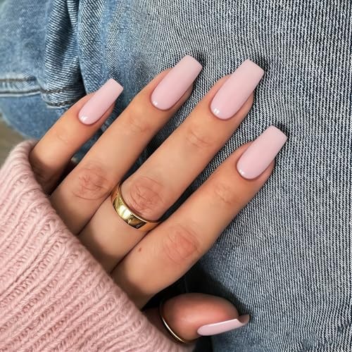 KQueenest Pastel Pink Press On Nails, Glossy Sheer Acrylic Nails for Women