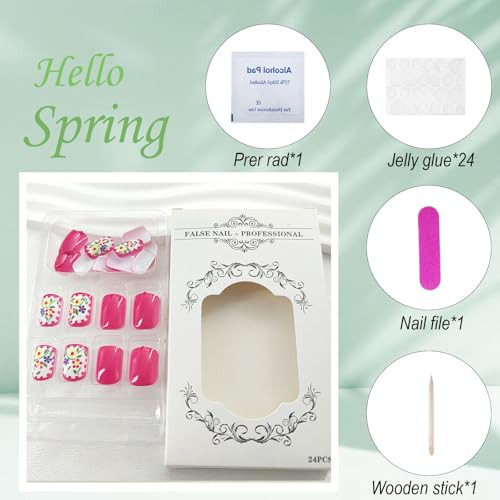 Square Press on Nails Short False Nails with Design Color Flower Green Leaves