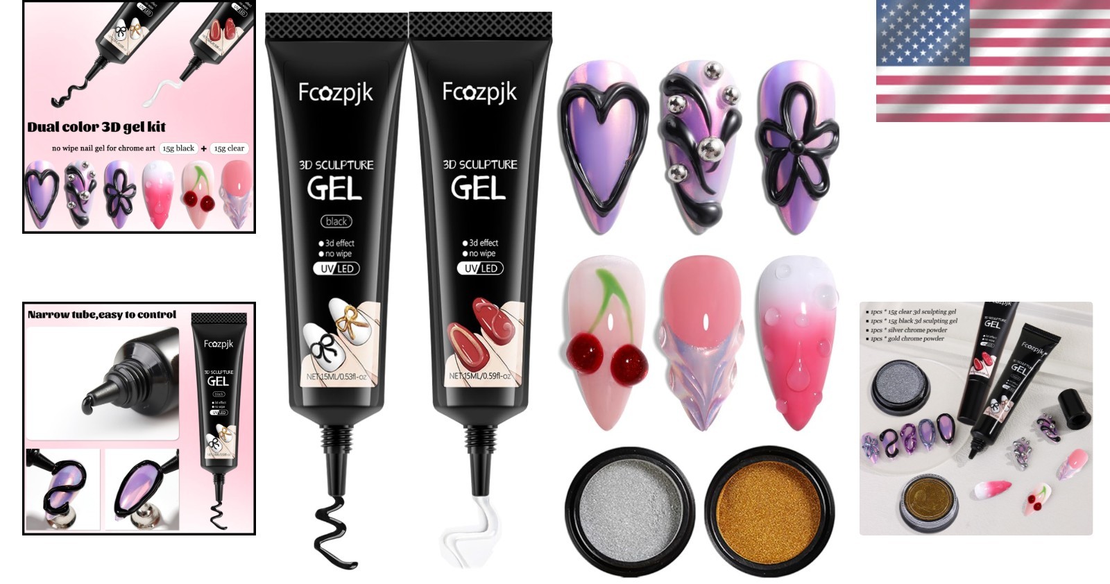 Elegant 3D Nail Art Set – No Wipe Black & Clear Gels with Elegant Chrome Finish