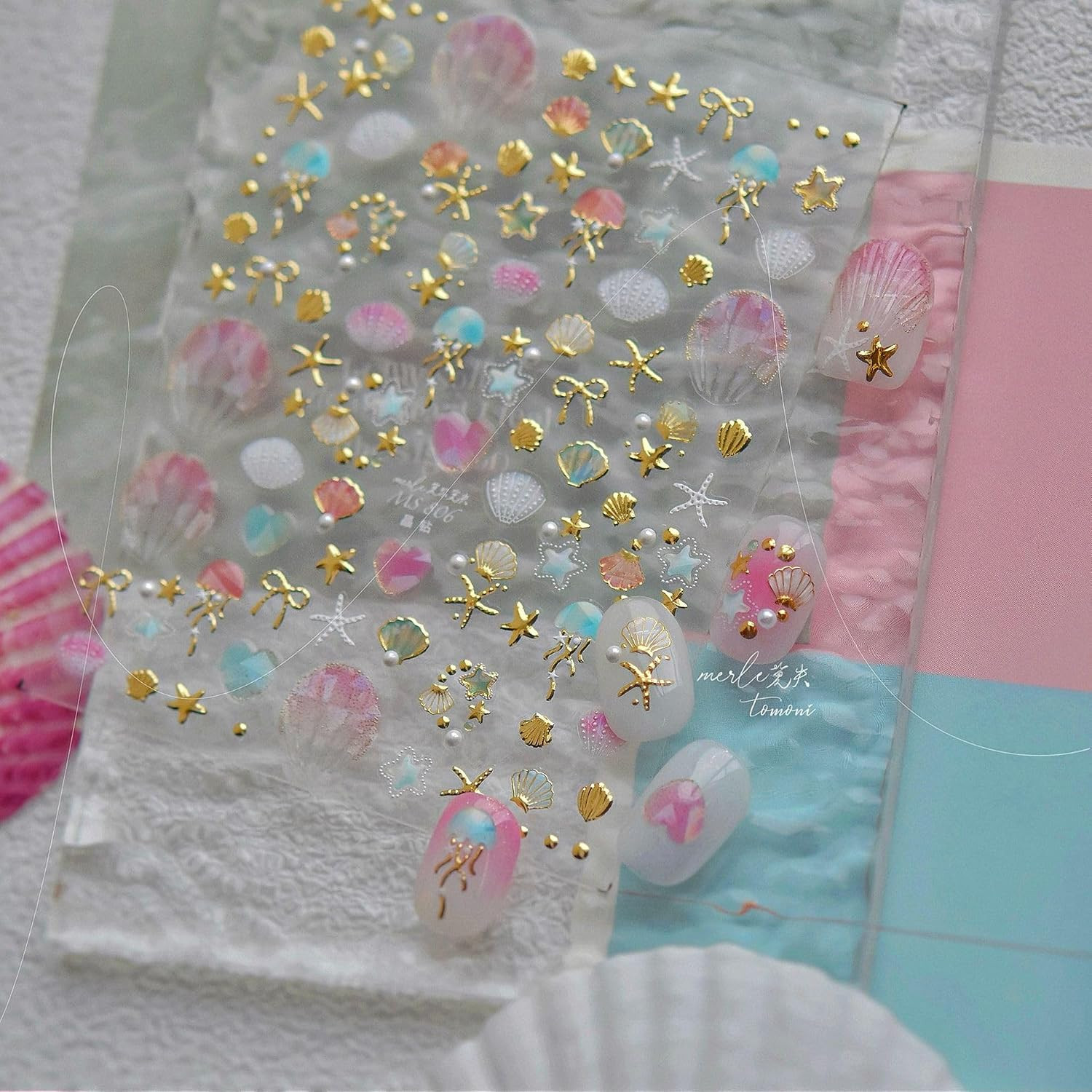 Laser Pearl Seashell Nail Stickers 5D Embossed Gold Ocean Nail Decals Self-Adhes