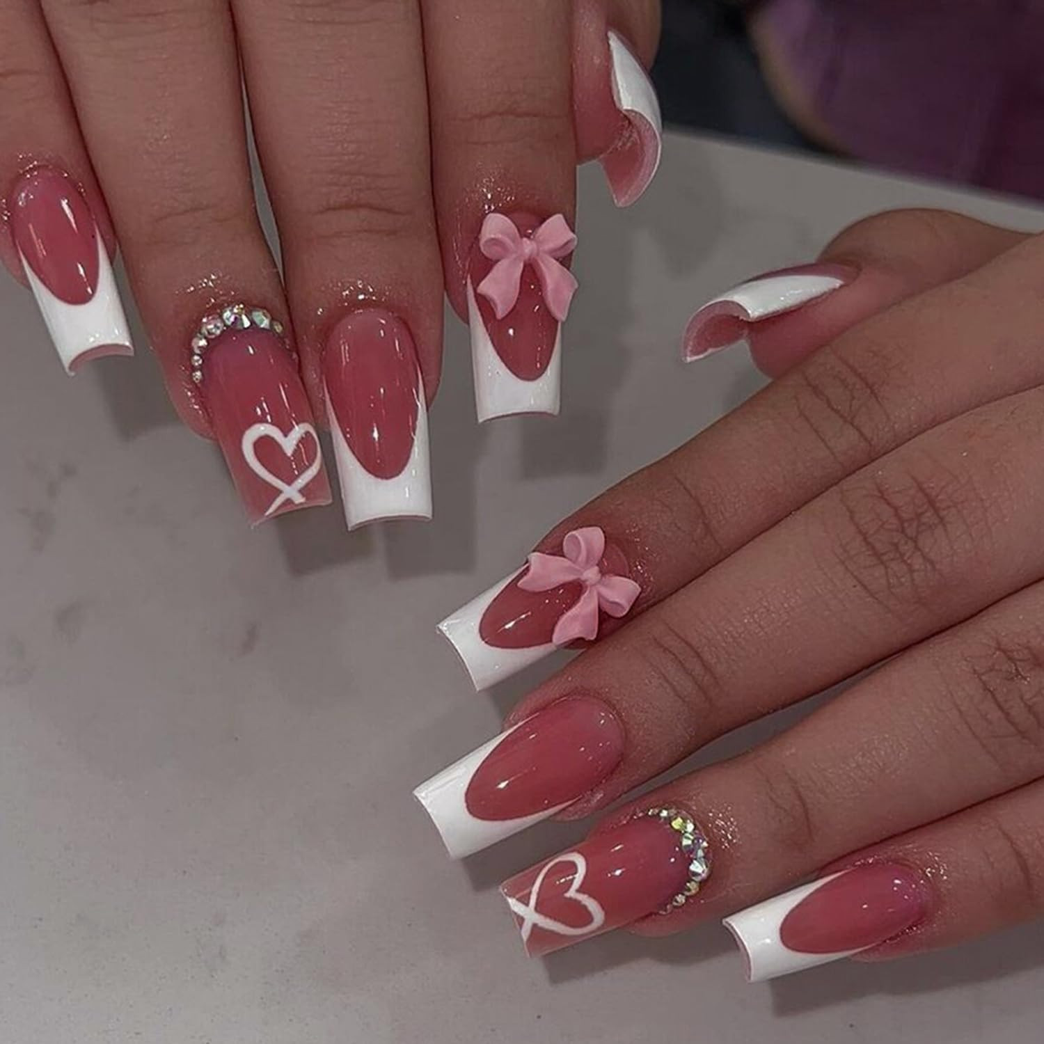24Pcs Valentines Press on Nails Short Square Artificial Acrylic French White Tip
