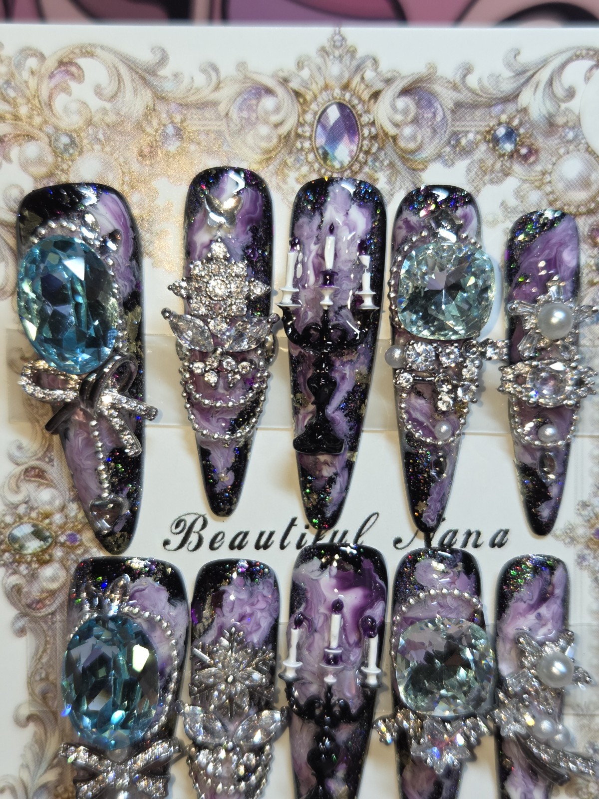 Press-On Nails Handmade Medium Stilettos, red pink marble necklace princess,