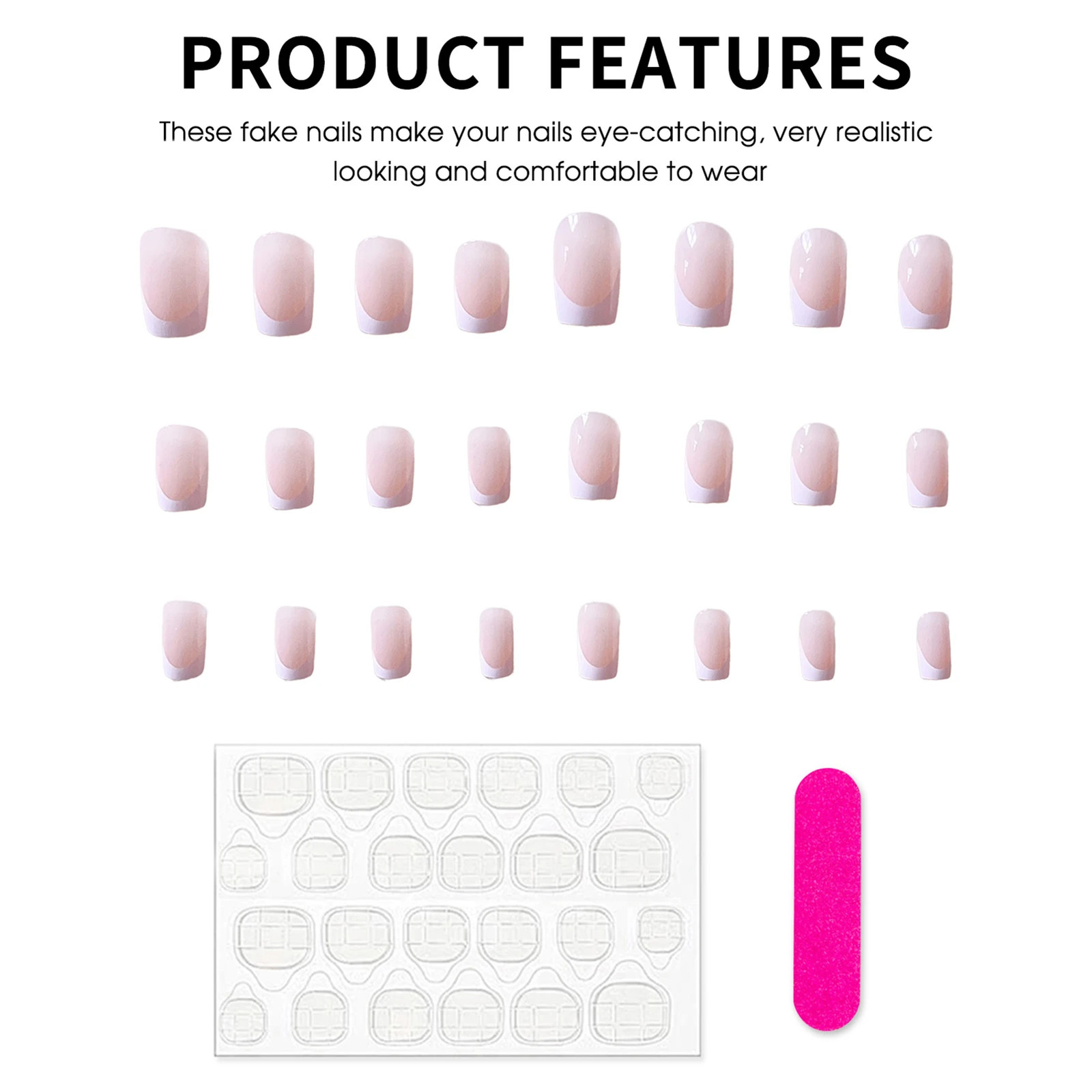 24pcs Natural Nude Pink White Coffin French Press On Nails