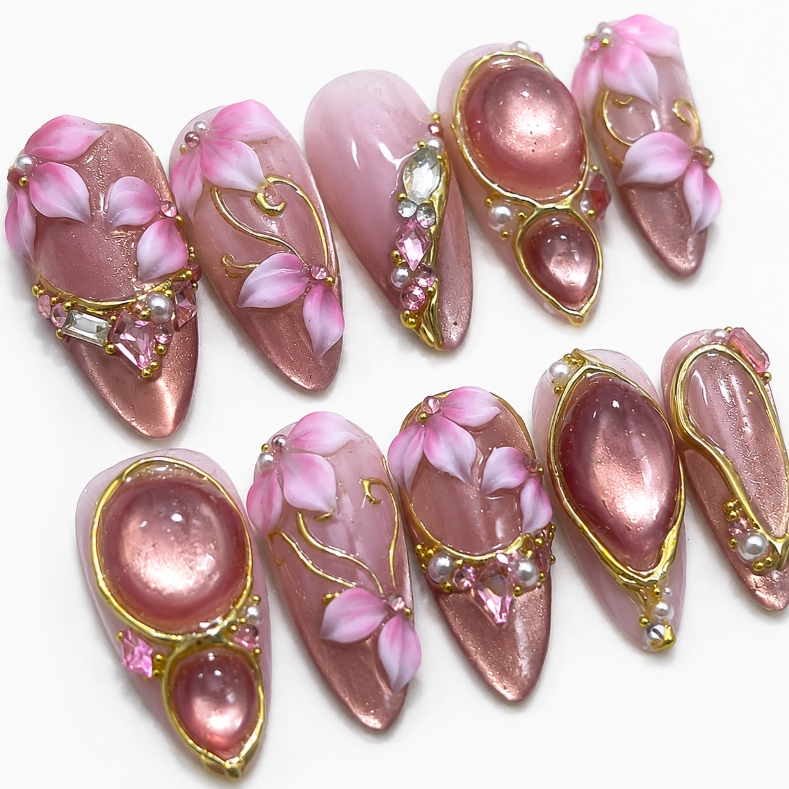 Pink Floral Handmade Press On Nails Rose Gold Cat Eye 3D Gems