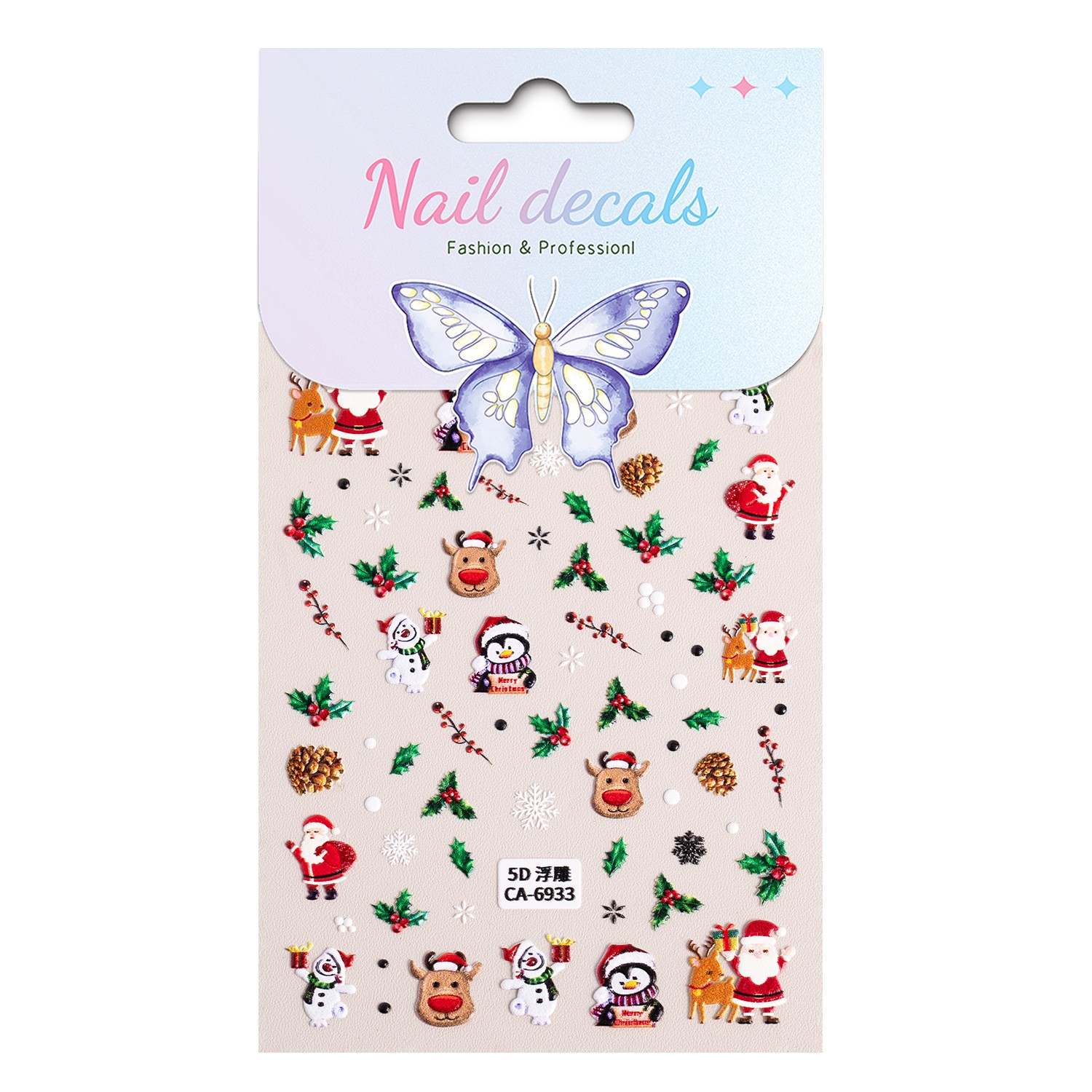 10Set Christmas Nail Stickers 5D Art DIY Manicure Decal Santa Snowman Xmas Decor