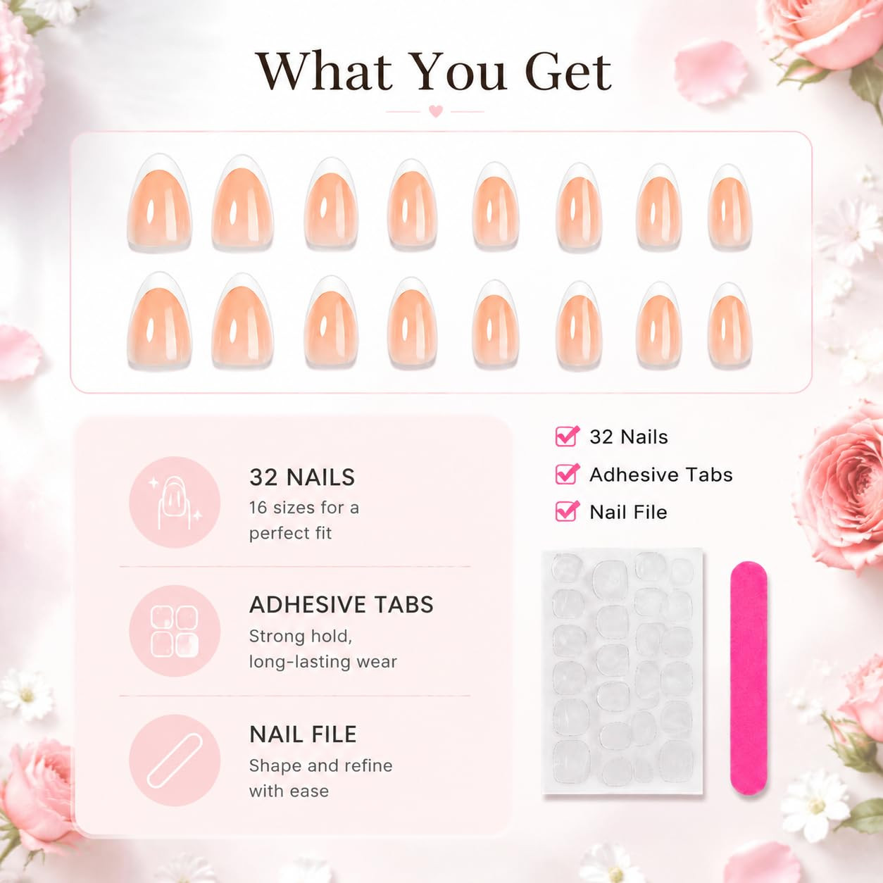 French Almond Press on Nails, Nude Soft Gel Fake Nails with White Tips, Easy App